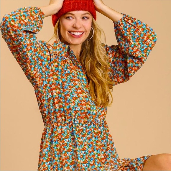 Brand New Umgee Floral Long-Sleeved Button Down Dress Crochet Trim Collared Mini - Picture 16 of 16